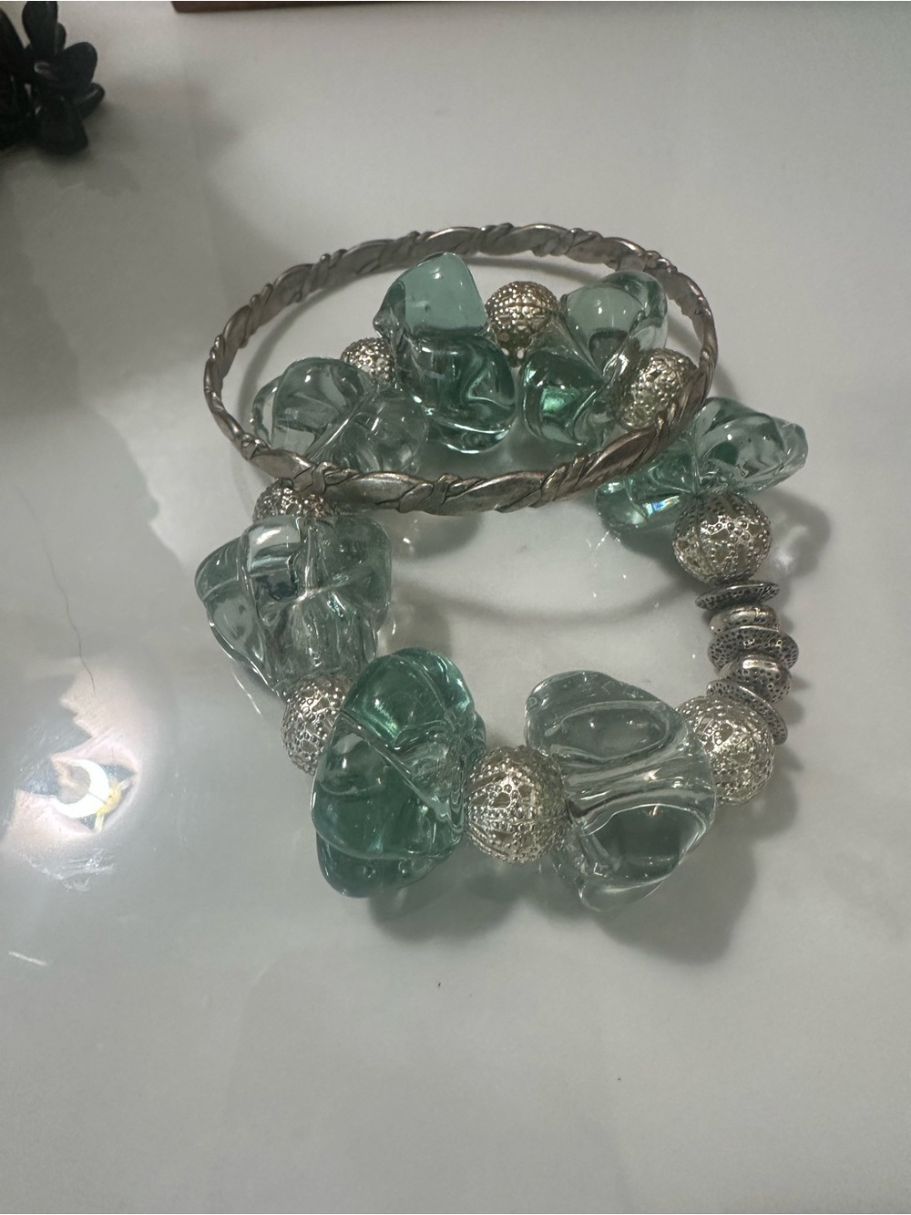 1 Sea Glass Green Bead & 1 sterling Silver  Bracelet Set